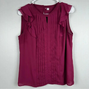 Deep Burgundy‎ Office Workwear Ruffle Sleeveless Shirt, Size Small by Elle